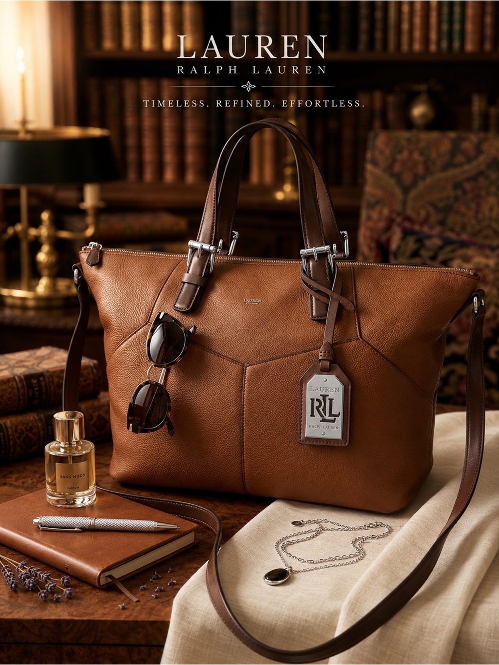 Ralph Lauren RL Leather Luggage Tag in Silver Tone with Brown Leather | Hangtag